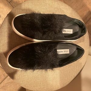 Steven Madden black suede sneakers size 7 fur balls like brand new